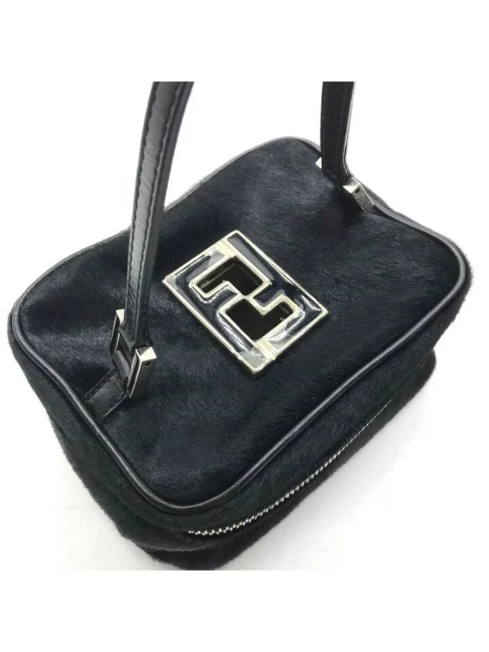 Fendi Calf Hair Mini Vanity Hand Black FF Logo Makeup Pouch